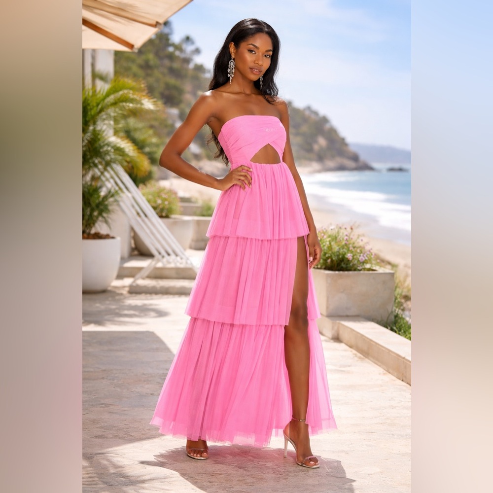 NWT For Love & Lemons Juni Pink Strapless Maxi Tiered Dress M